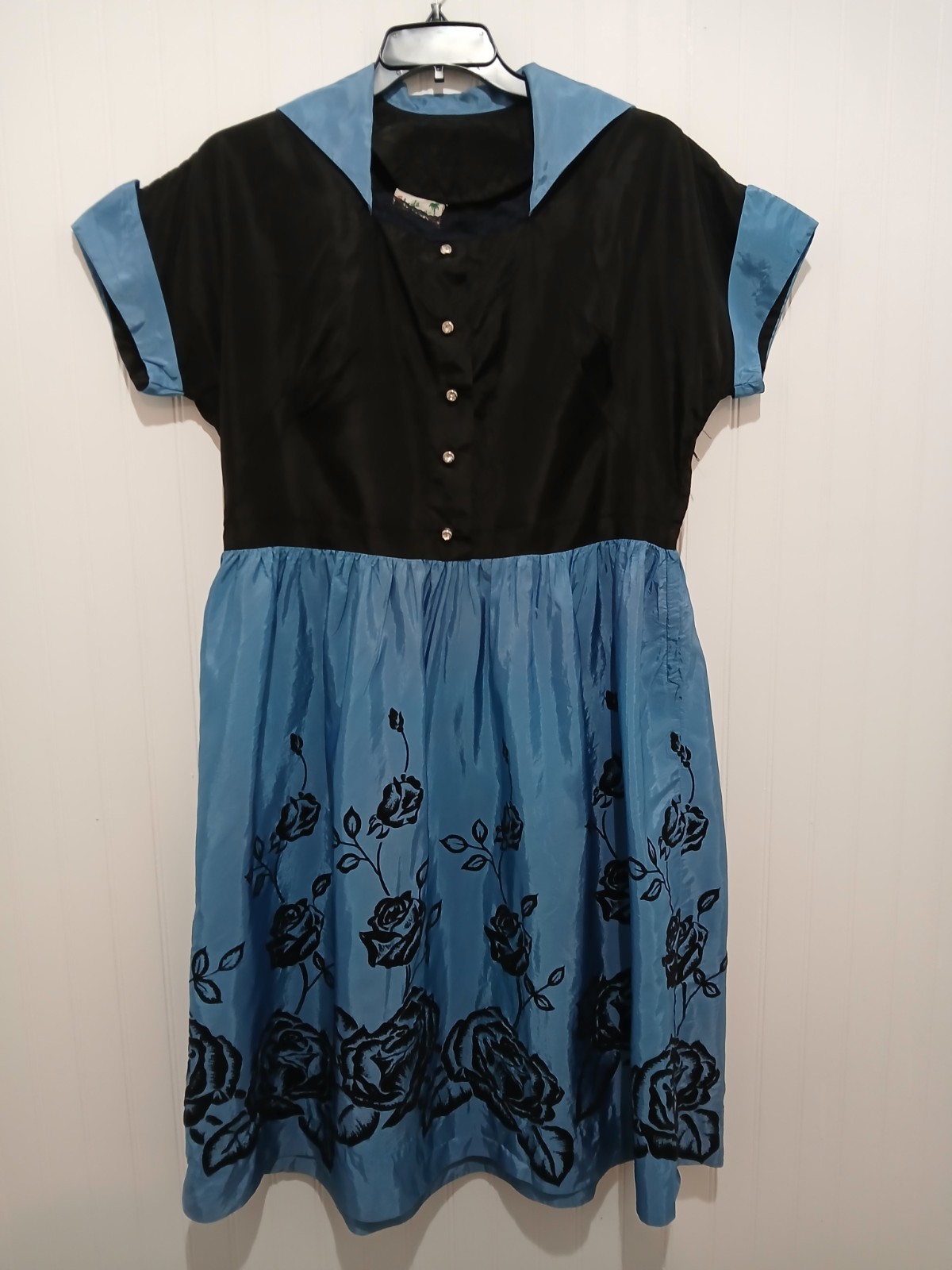 True Vintage 1950s Florida Fashions Sateen Velvet Blue Black Pullover Dress 44″C