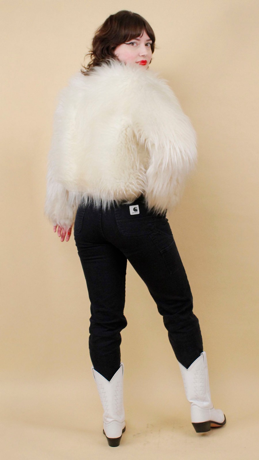 60s 70s Vtg Shaggy Faux Fur White Zip Up Crop Jacket Coat Mod Rocker Glam B34″