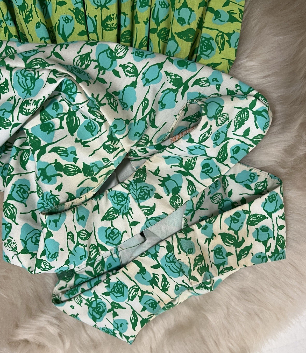 Vintage 1960s Lilly Pulitzer Dress Blue & Green Florals Rickrack Trim Tie Back