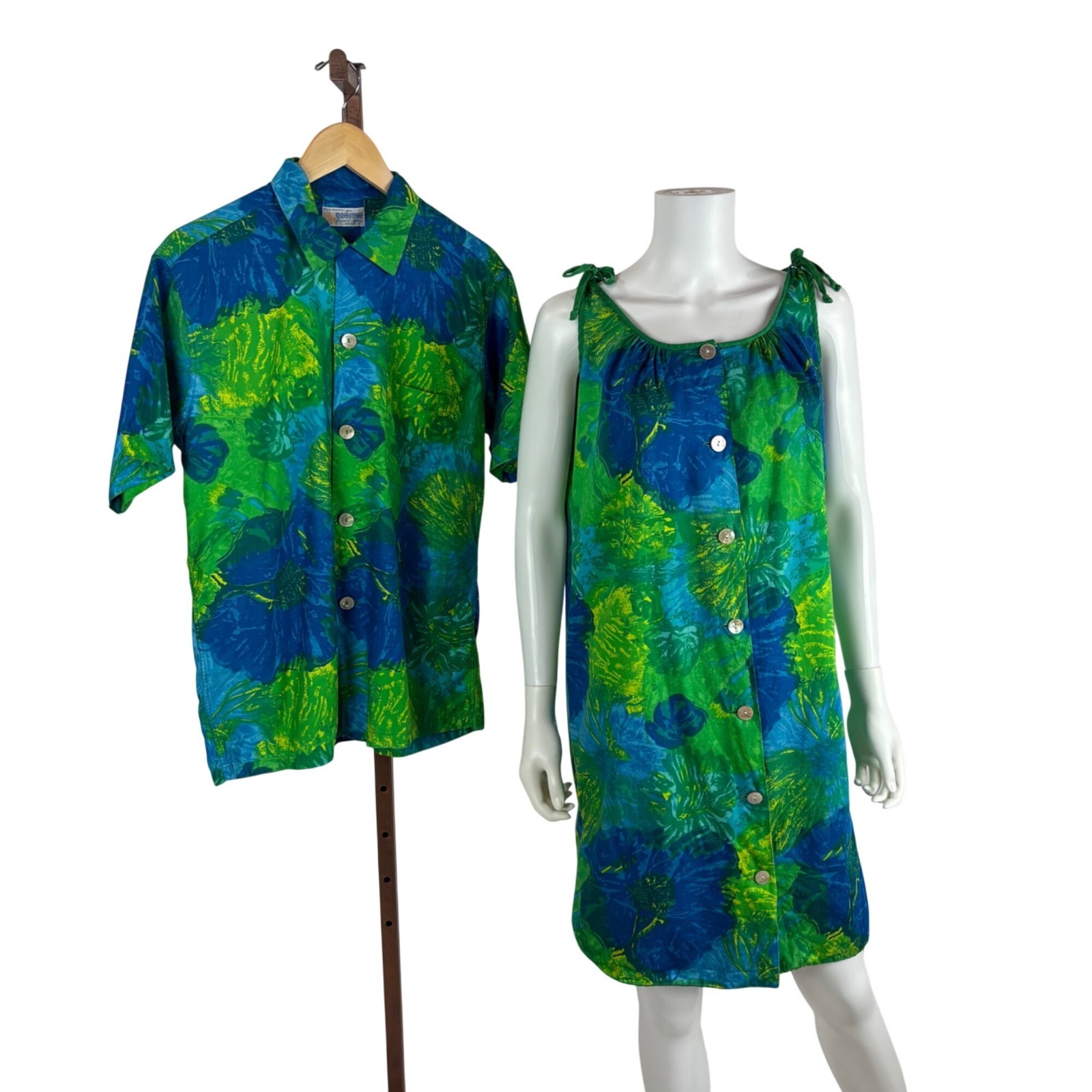 Vintage 50s Hawaiian Honeymoon Set Blue Green His & Hers Matching Dress Shirt