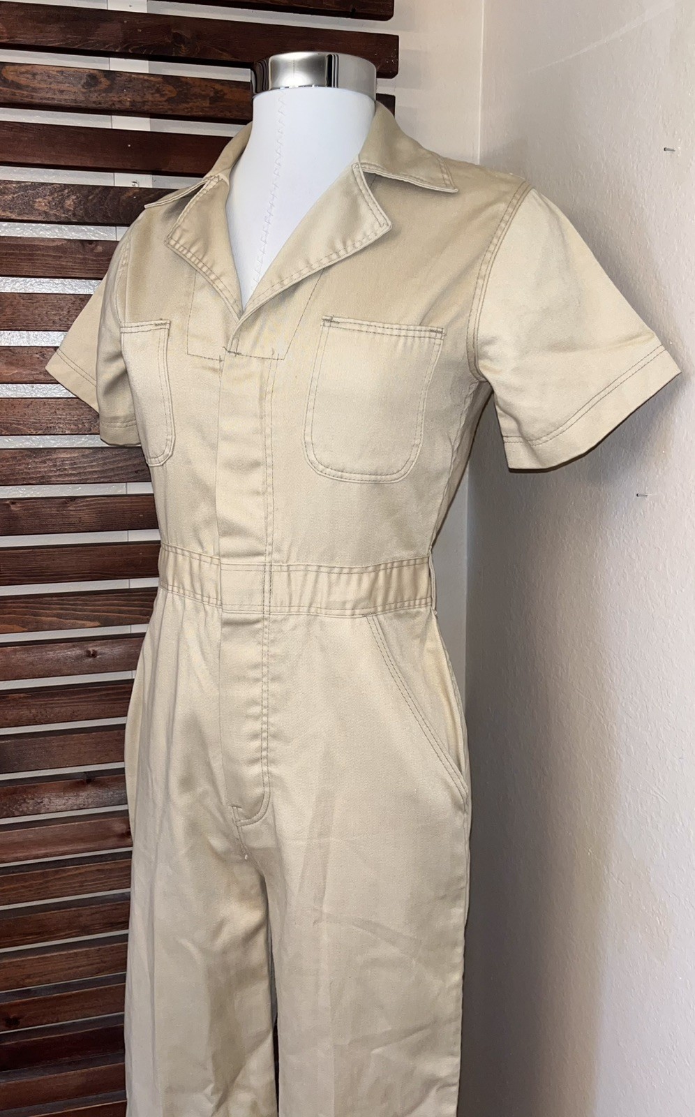 JC Penney Fashions 1970s 70s Vintage Beige Short Sleeve Wide Leg Jumpsuit Pocket