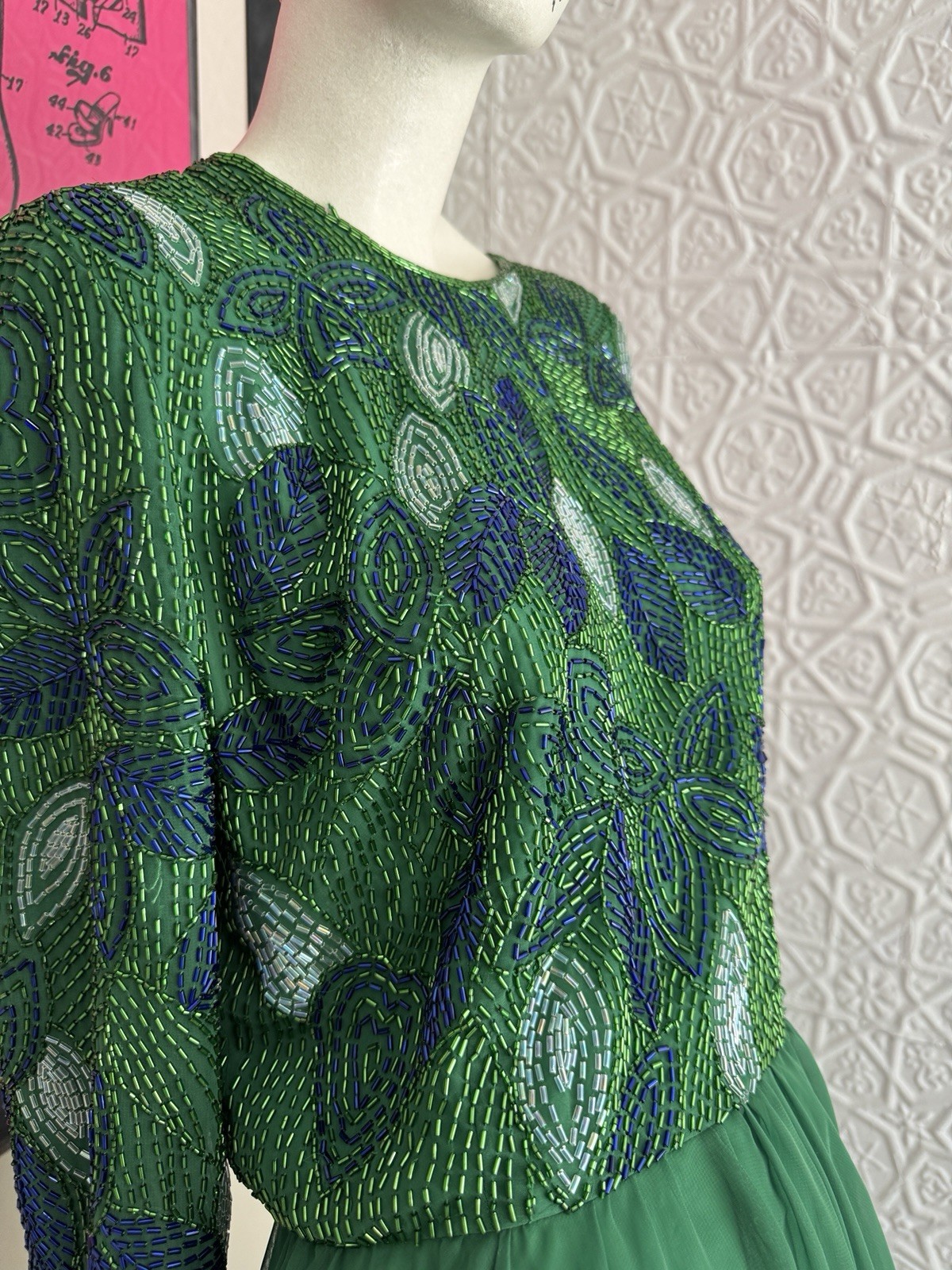 1980s Green Beaded Chiffon Cocktail Dress-Floral-Foliage-Glam-Hollywood-S/M