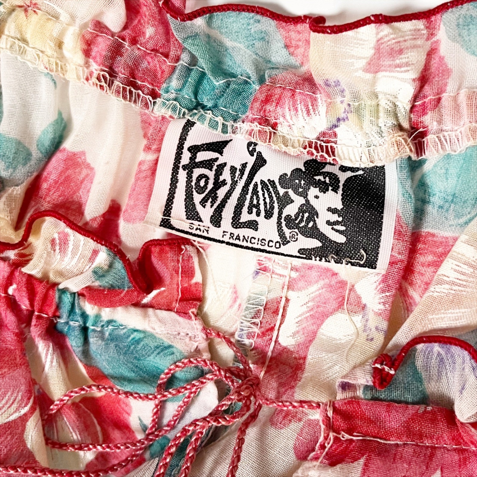 VTG Foxy Lady San Francisco Vintage Floral Midi Dress Ruffle Red 80s Early 90s
