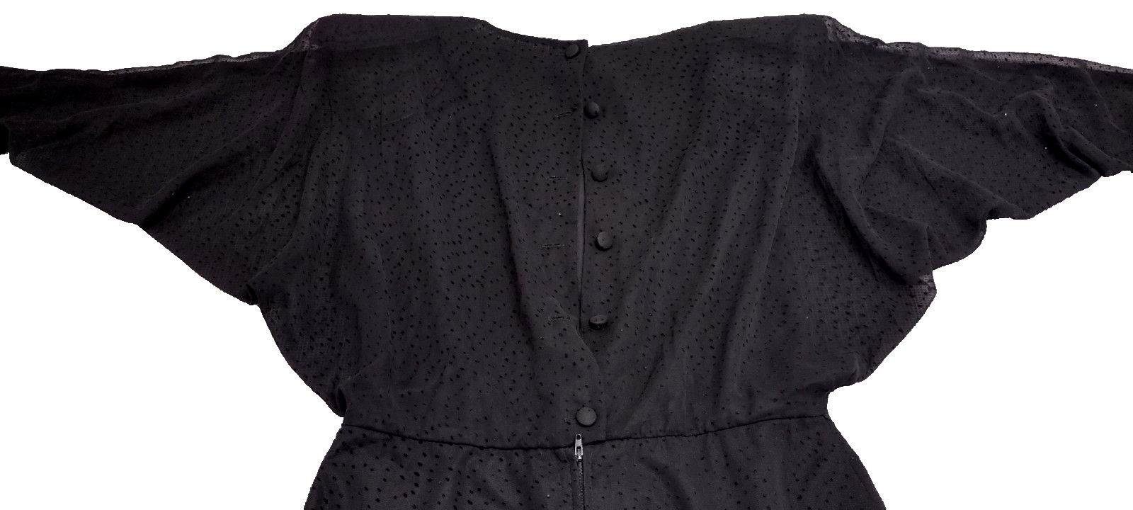 80s Batwing Sheer Chiffon Dress Black Flapper Scallop 80s Dolman Sleeves M/L