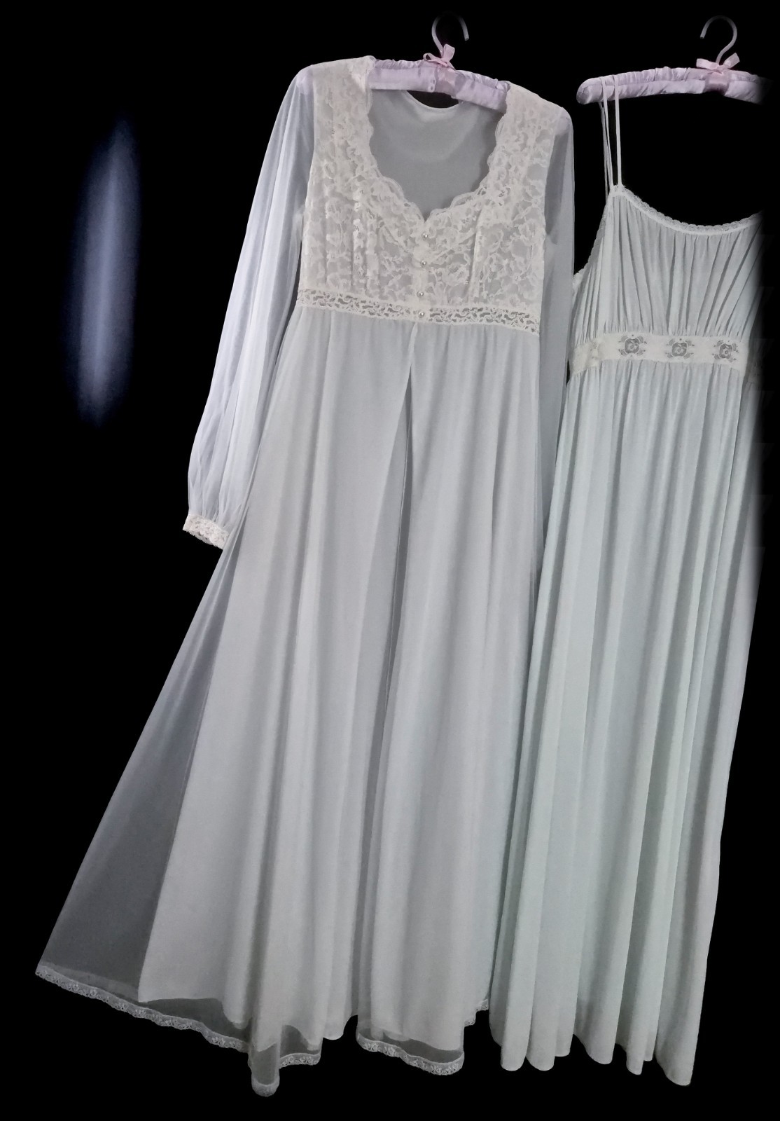 2pc Vintage 60s SHEER Nylon PEIGNOIR Set CHIFFON Nightgown LONG Gown Teal ~ M/L