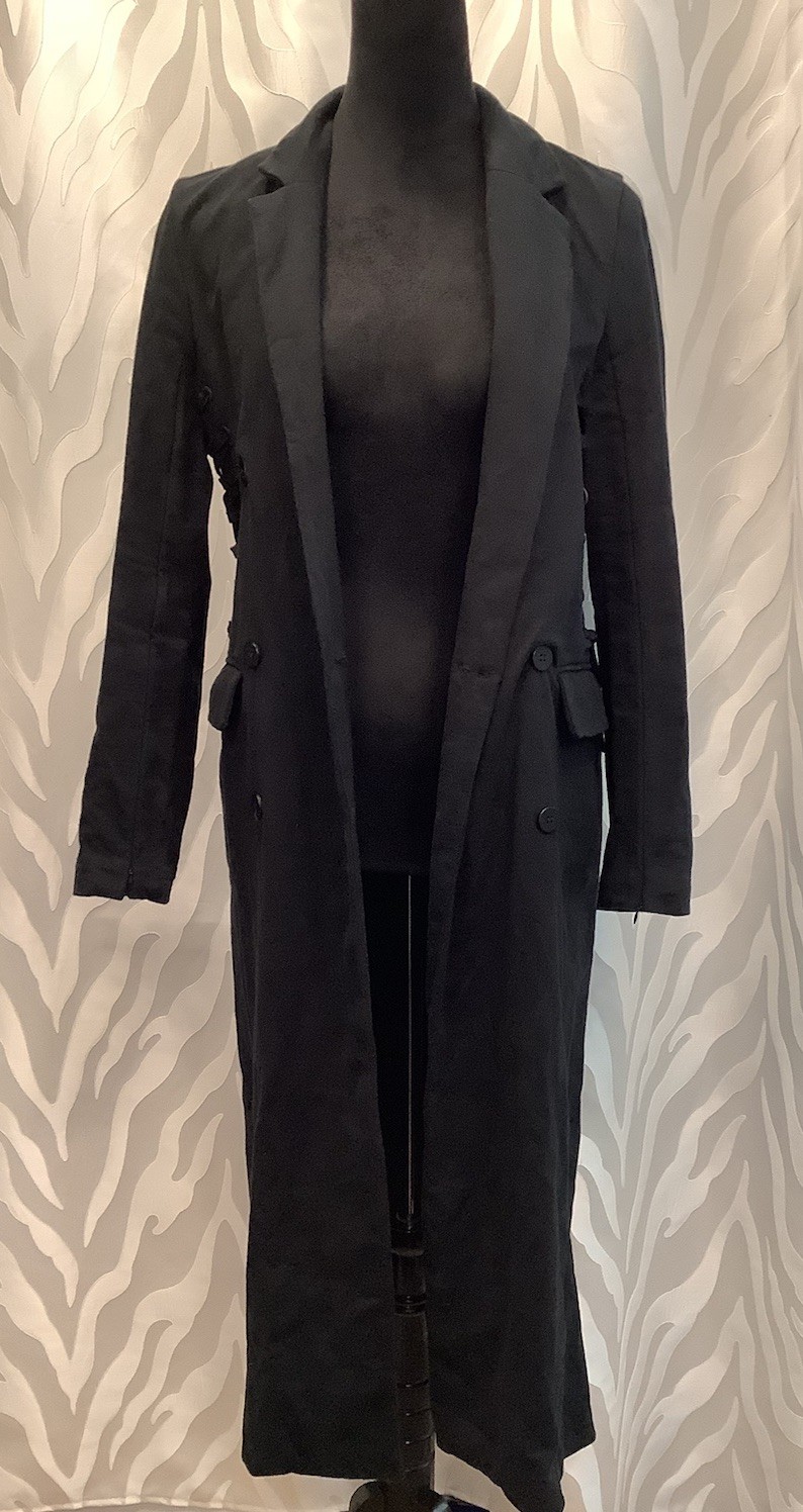 Black Corset Lace Up Sides Split Sleeves Dbl. Breasted Long Goth Coat S/M