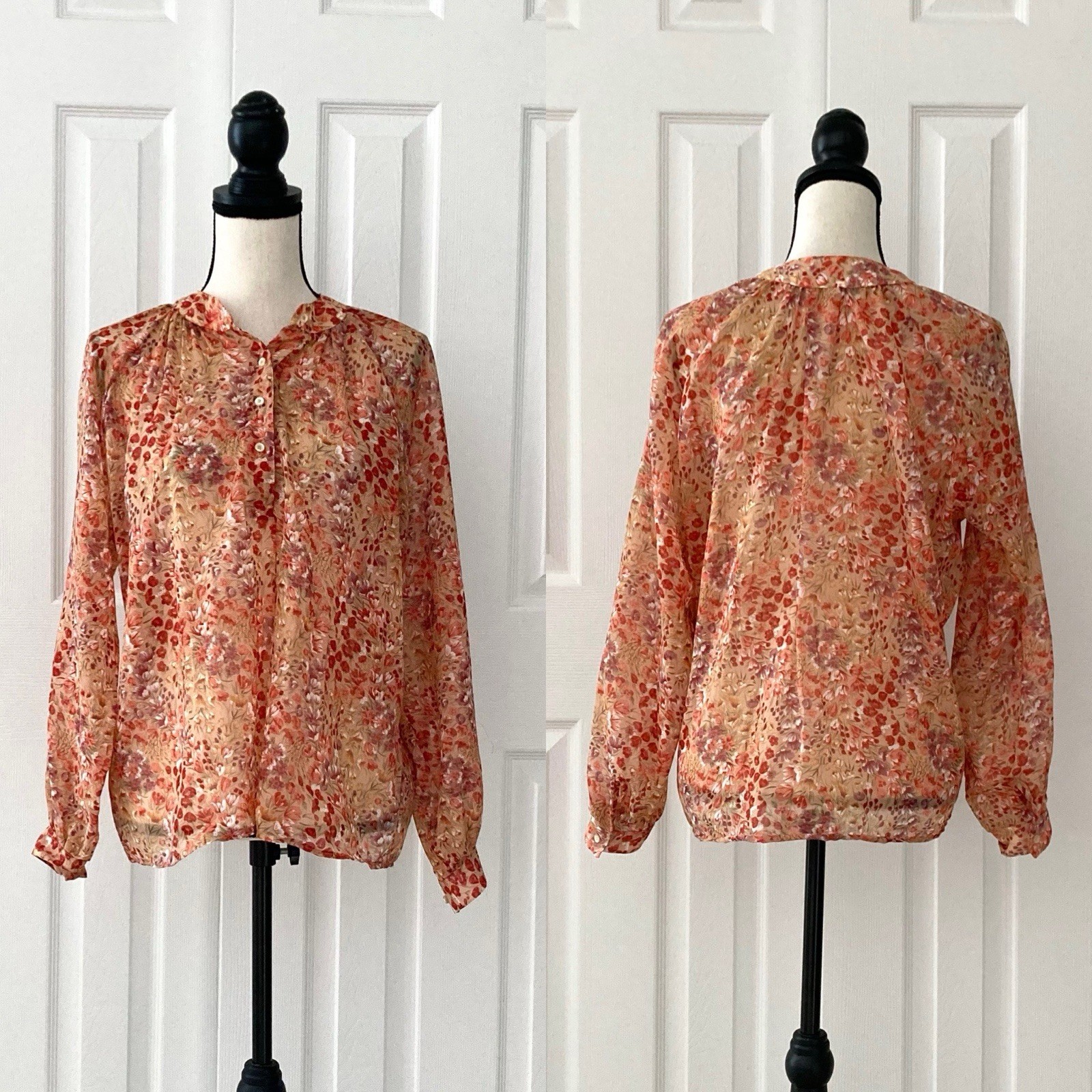 Vtg 70s 80s Autumn Floral Secretary Blouse Top Semi Sheer Women’s Size 7/8