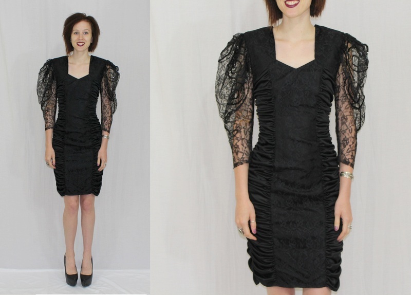 Vintage 80s Black PUFFY Slv Lace RUCHED Open Back Cocktail Party WIGGLE Dress~XS
