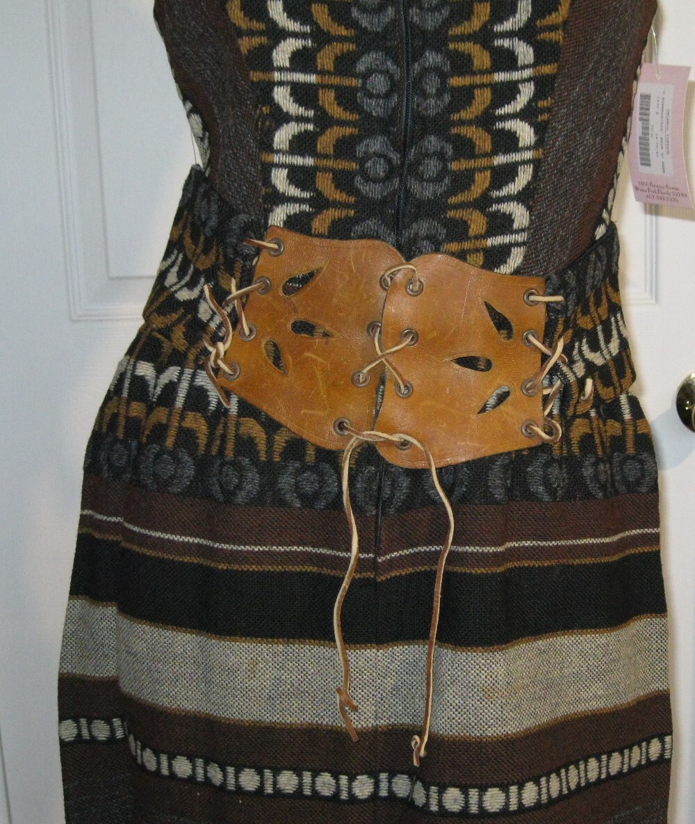 Vintage S Howard Hirsh California Woven Wool Tapestry Dress Leather Belt