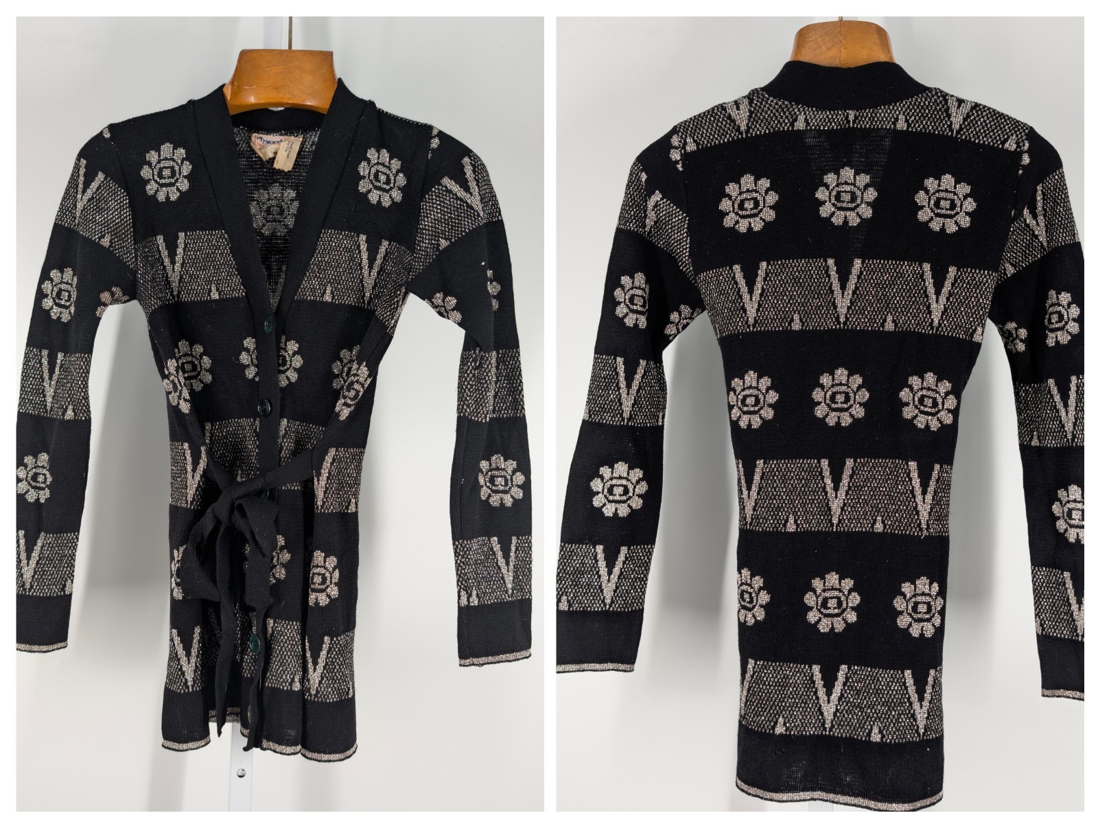 Vintage 60s 70s France Plymouth Disco Mod Boho Silver Intarsia Flower Cardigan