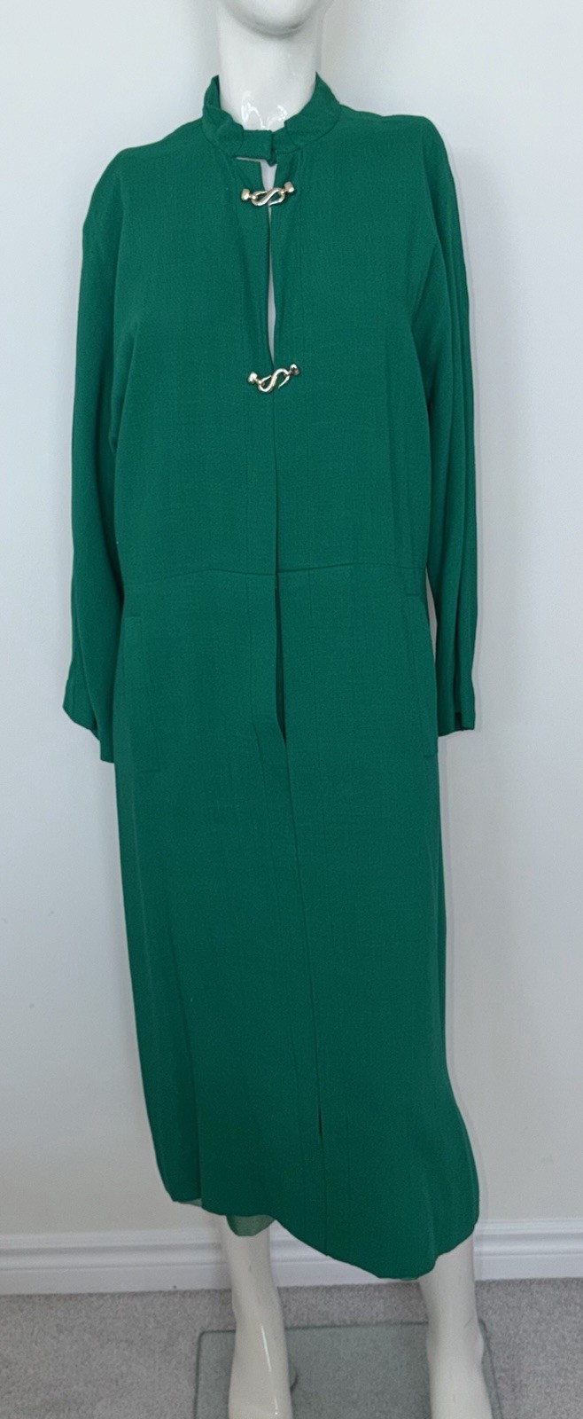 VTG 80s Pauline Trigere Bergdorf Goodman Emerald Green Maxi Textured Shirt Dress