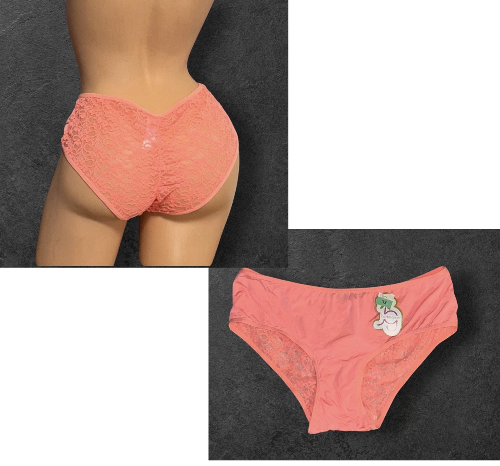 Jasmine & Ginger Peach Silky Front Lace Sheer Back Cheeky Nylon Panties XL/8 NWT