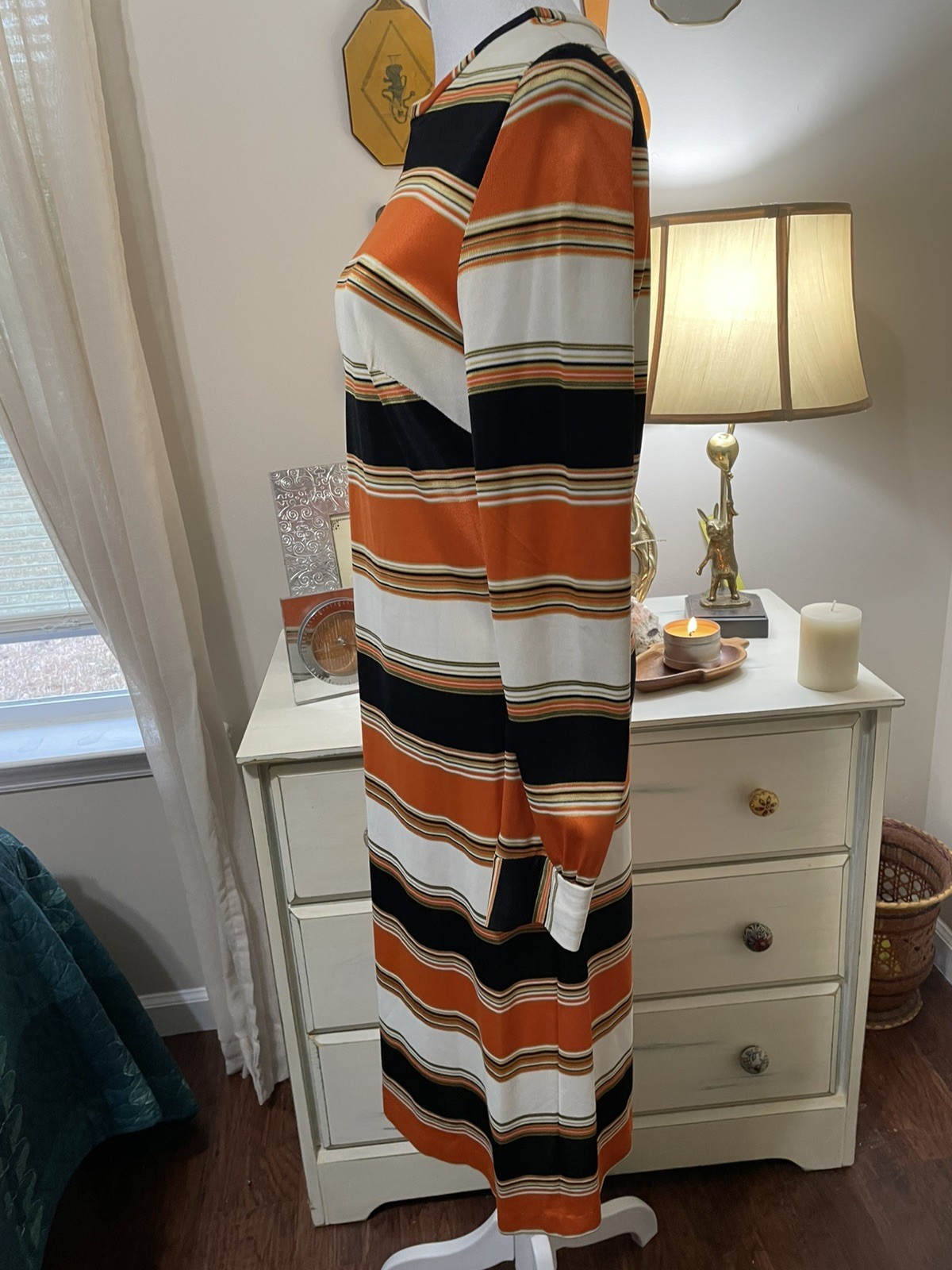Hand Sewn Vtg 70s Midi Dress Orange Brown Yellow Sm/6 Long Sleeve Back Zipper **