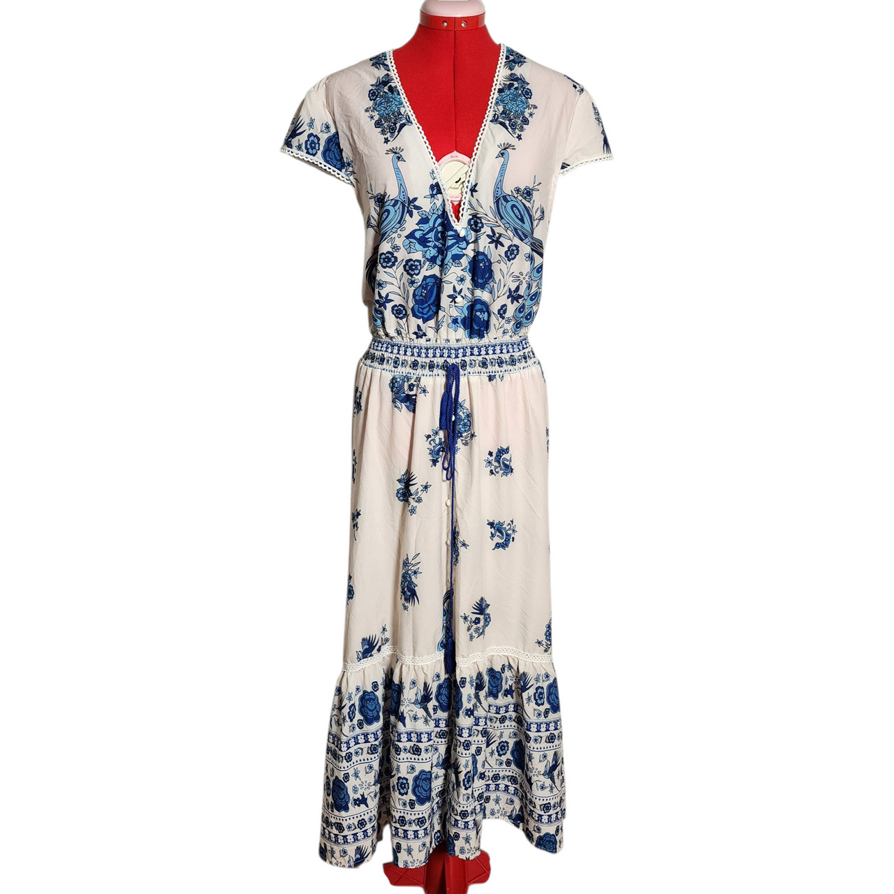 MissLook Blue & White Boho Floral Maxi Dress with Peacock Print – Size 5XL | …