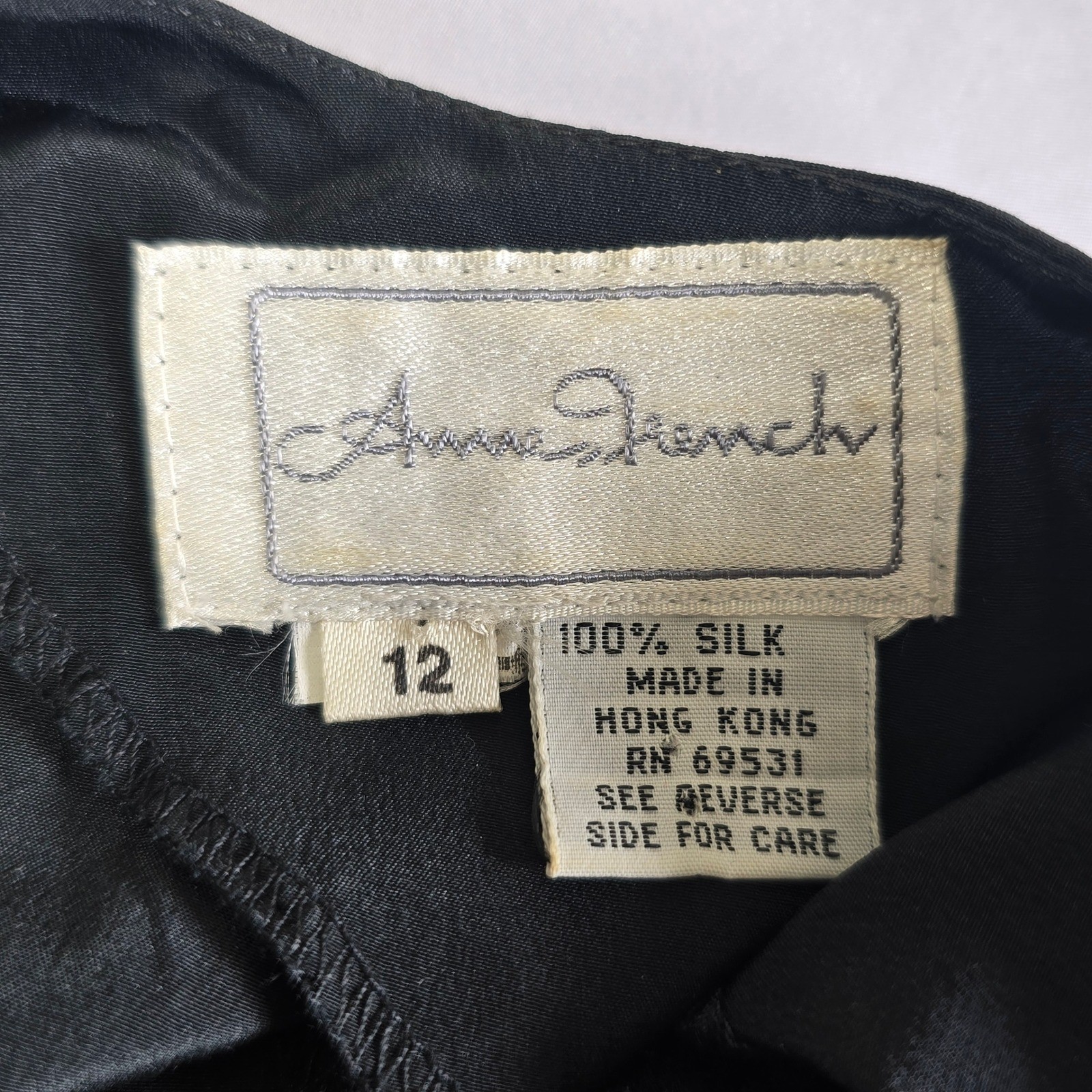 VTG Anne French Blouse Woman Lrg Black Silk Embroidered Neon Geometric Art Deco