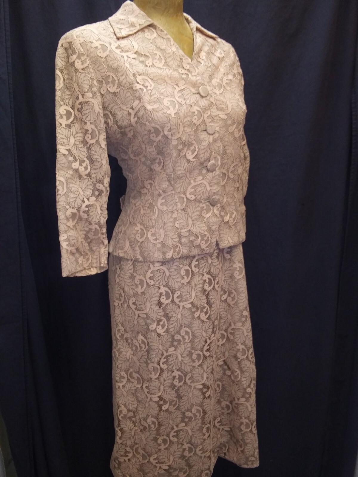 Vintage 1950’s Tan Peach Lace Dress & Jacket Set A Melody Dress M