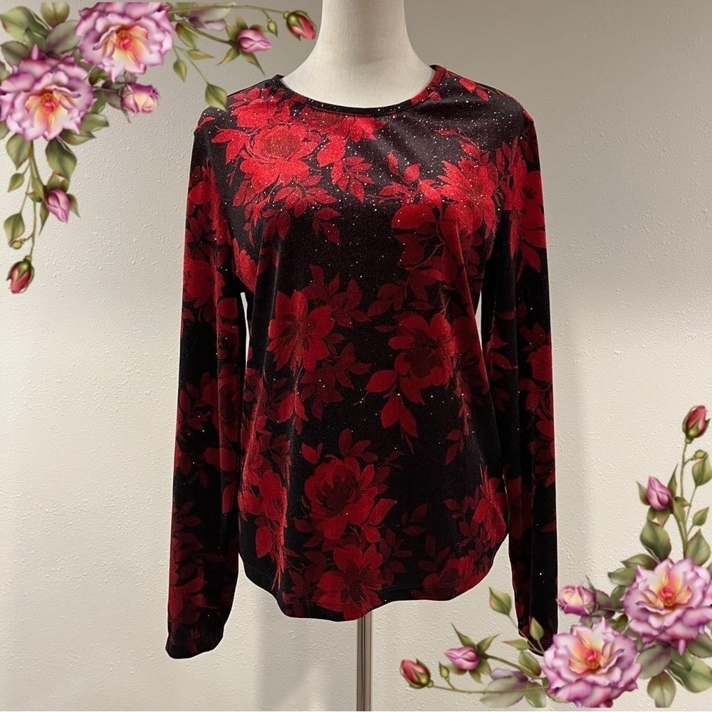 White Stag vintage Floral Red and Black long sleeve Top size large