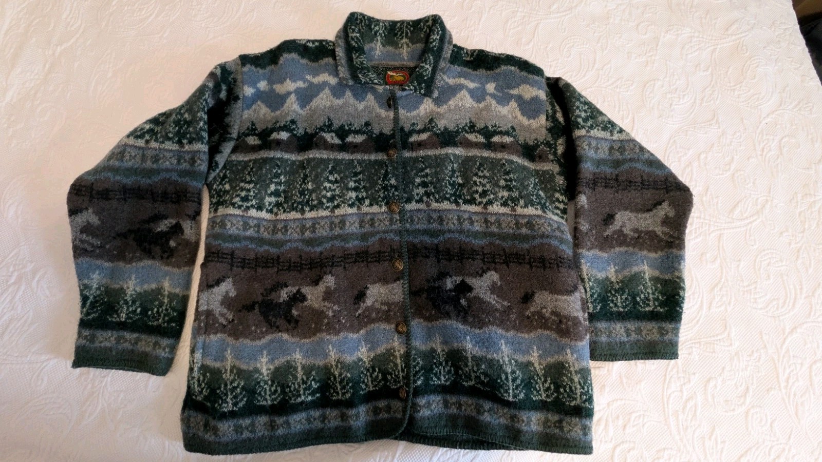 Vintage Alps 100% Wool Cardigan Sweater Women’s XL Mountain Scene Horse Cabin