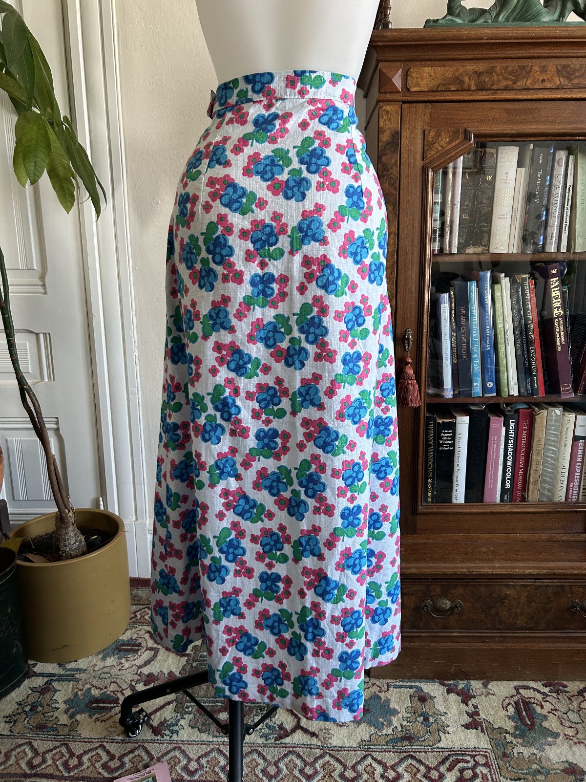 Vintage 1970s Floral Maxi Skirt in Blue and Pink – Handmade 28W Cotton Summer