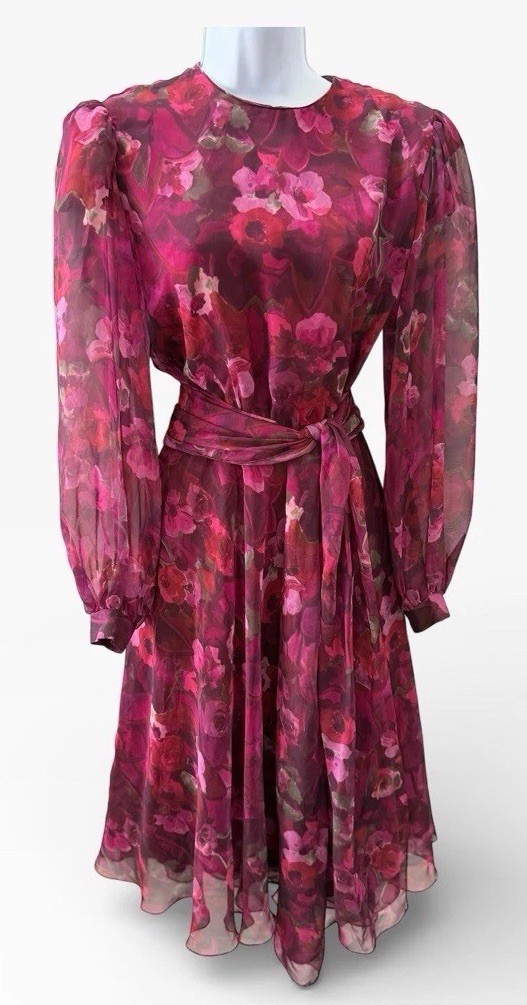Vtg 70s Willi of California Pink Floral Chiffon Dress 8 Belt Romantic Blouson
