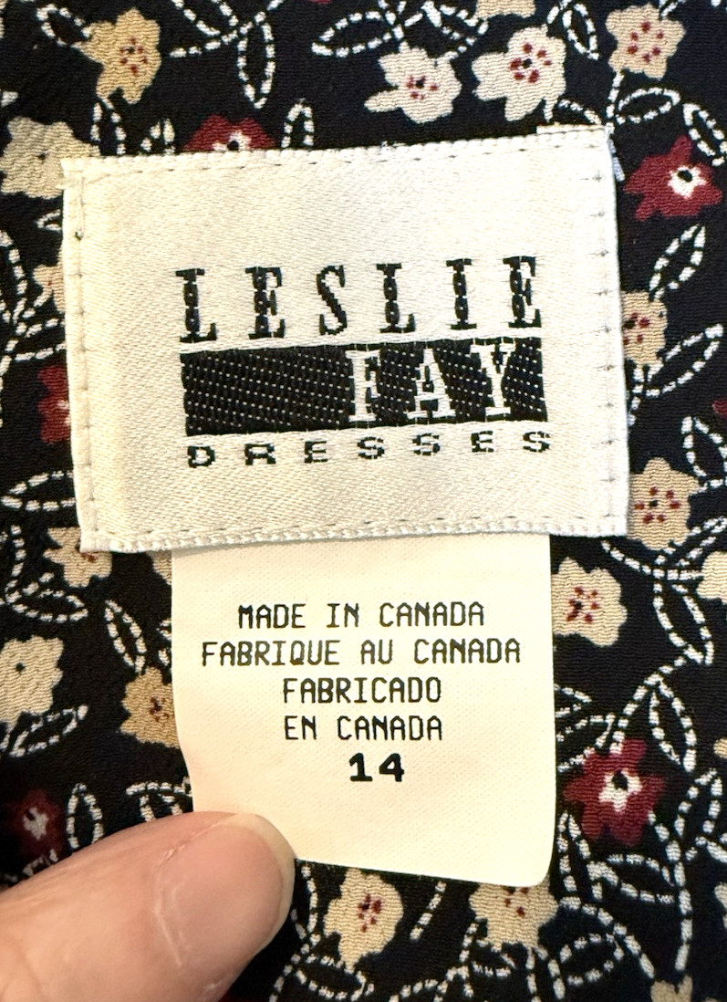 Leslie Fay Womans Size 14 Dress Floral Black Vintage Belted Midi Classic Modest