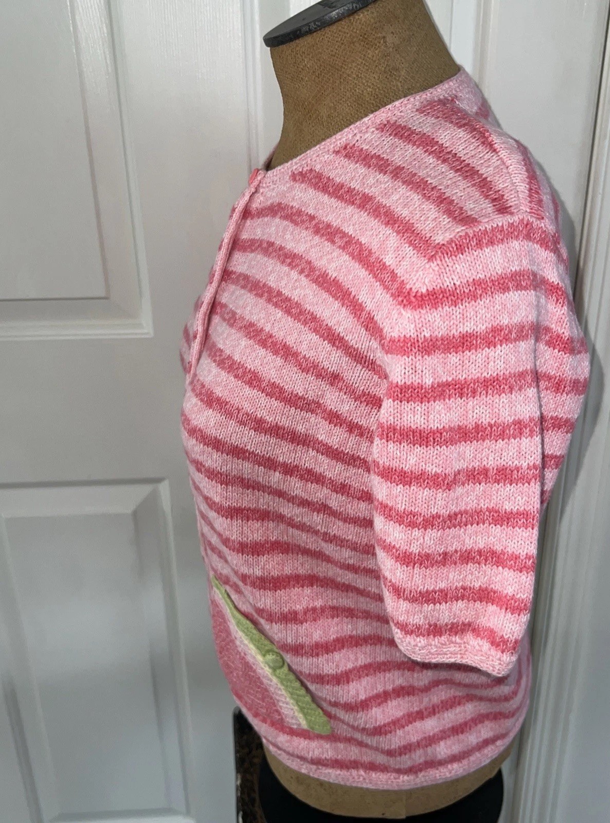 Vtg Christopher & Banks Pink Stripe Hand Stitched Sweater Watermelon Pocket Sz S