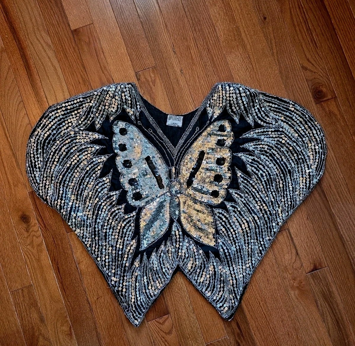 Vintage 70s Black Silk Silver Sequin Beaded Butterfly Blouse Shirt Top One Size