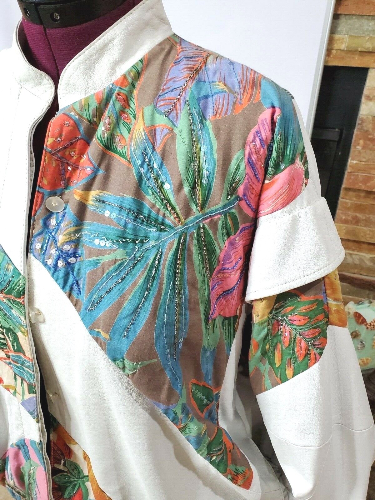 VTG Judith Ann Creation Sequin Beaded White Leather Jacket US L 10-2 Linen 90s