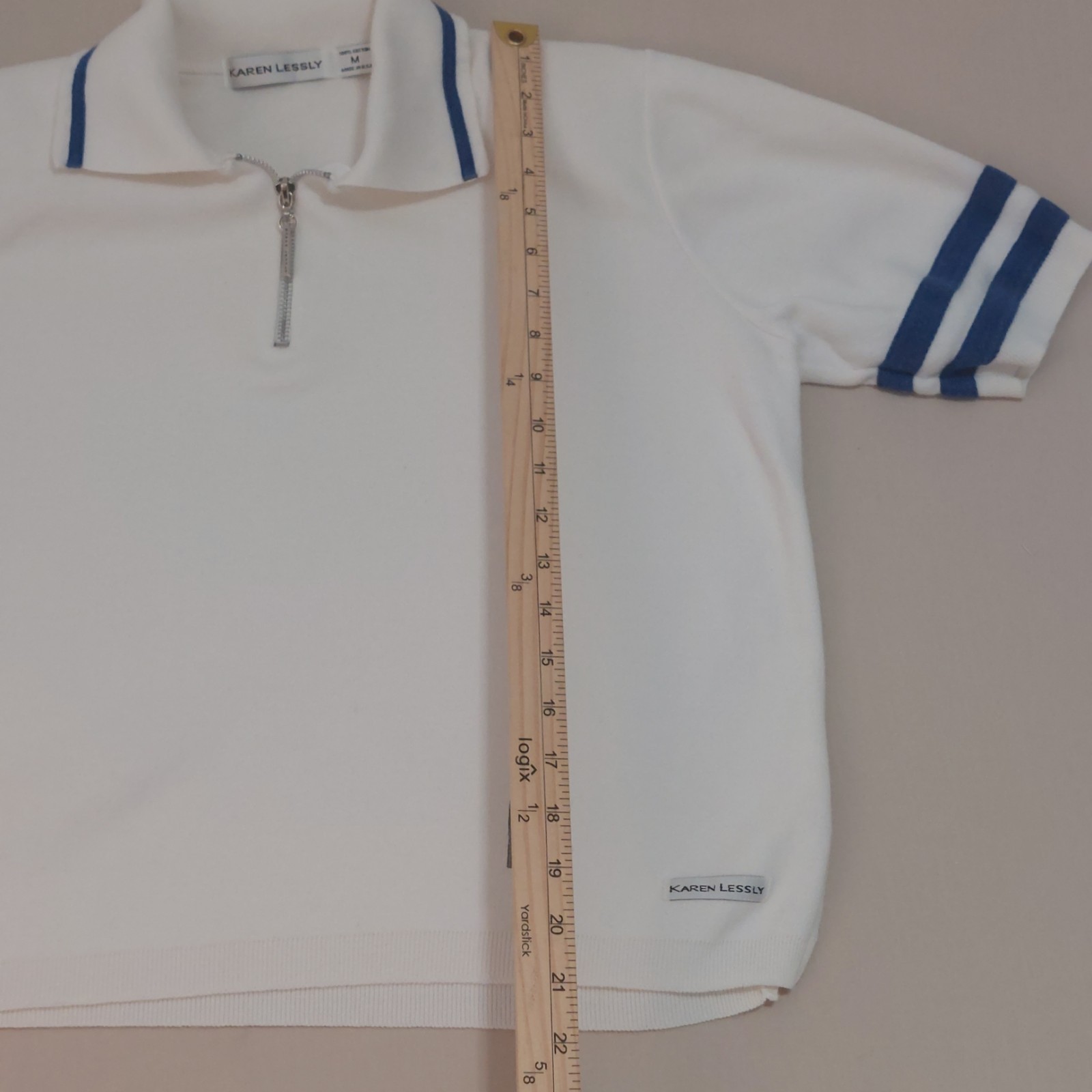 Vintage 70’s Knit Sweater Skirt And Polo Set By Karen Lessly White Blue Medium