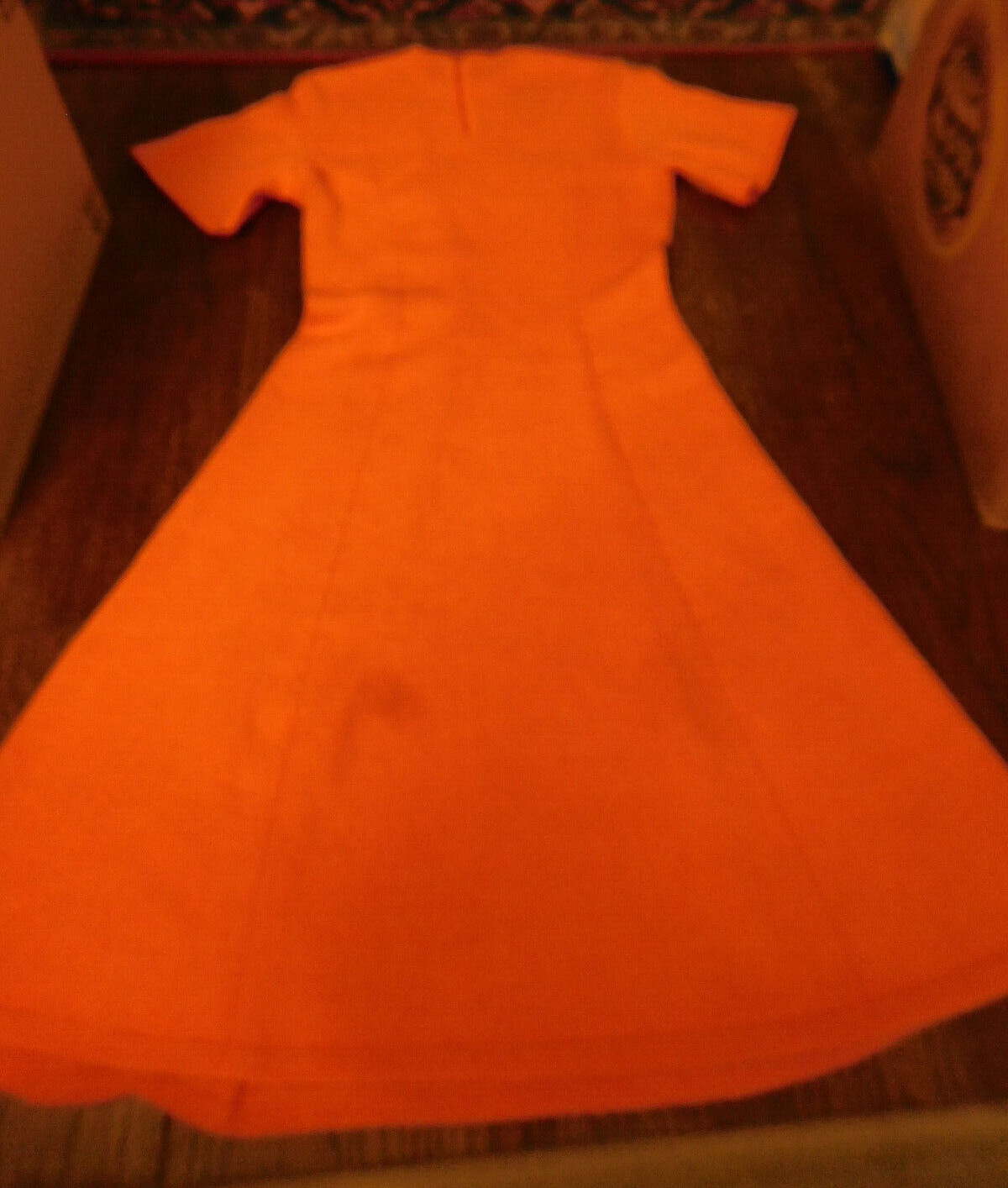 Vtg Hand Crocheted Knit Sweater Maxi Dress Orange Leaf pattern trim FAB Med OOAK