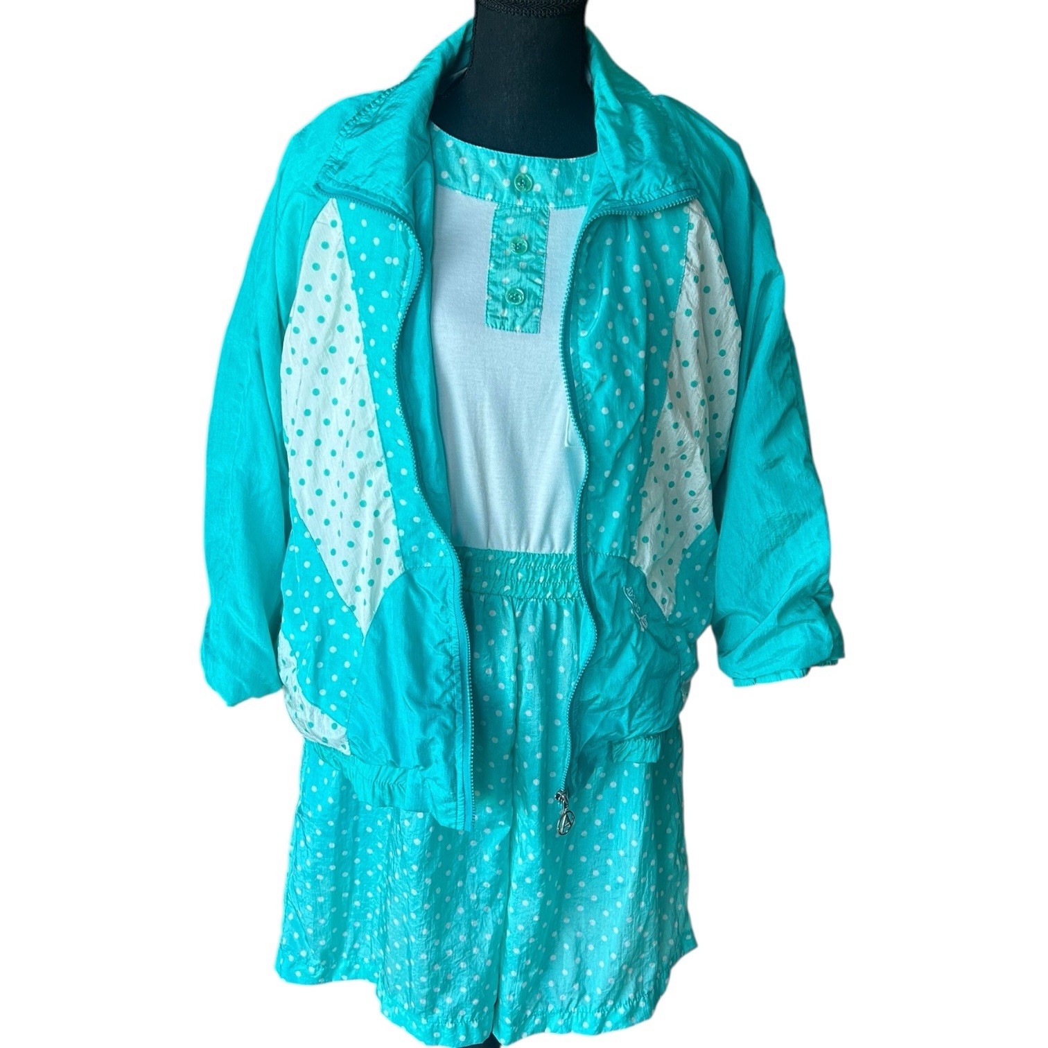 Vintage 80s Adolfo Sport Polka Dot Romper & Windbreaker Set Size L Teal
