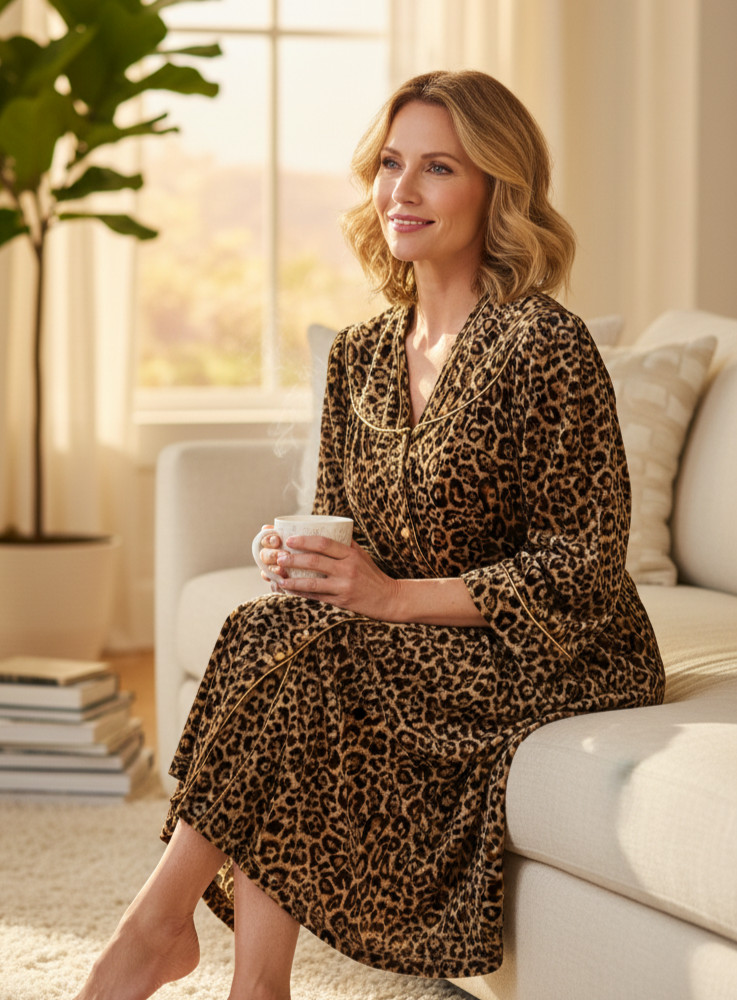 CS Vintage M Robe Cheetah Snap Brown Black Animal Print Pockets Glam Classic Mod
