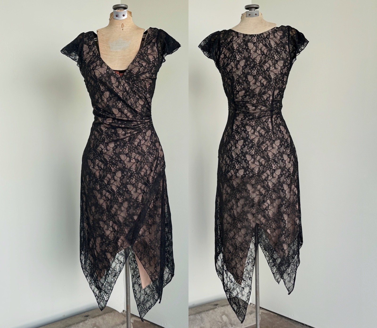 Bebe 90s Black Lace Wrap Dress Size XS xsmall Vintage Asymmetrical Bodycon Dress