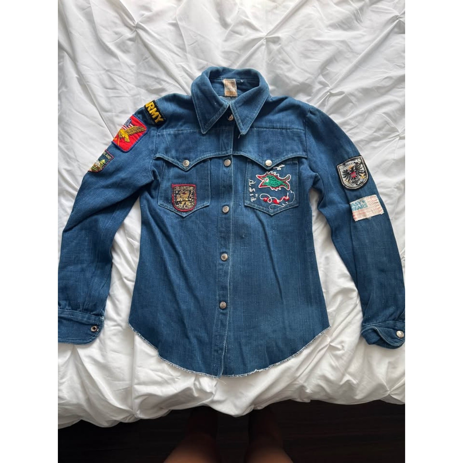 Vintage scout badges denim button up shirt patchwork flannel jean jacket