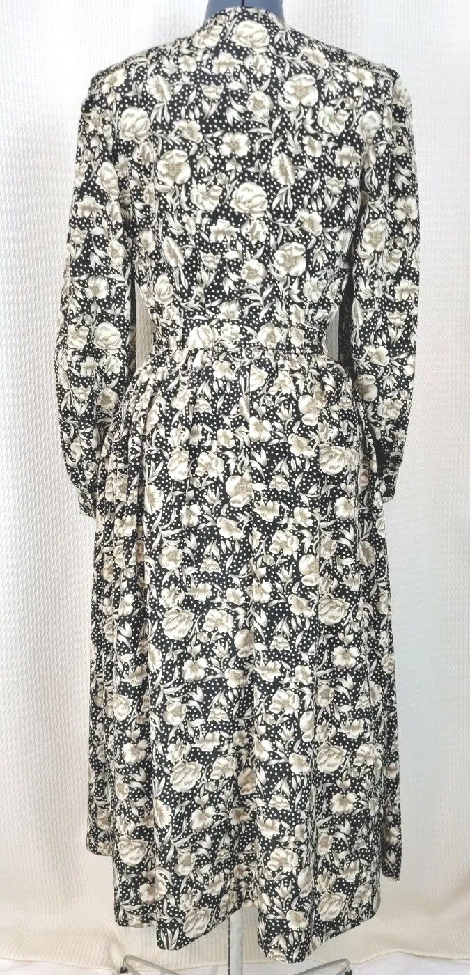 Vtg Personal Blouse & Skirt Set in Black w Tan & White Florals & Polka Dots Sz 8