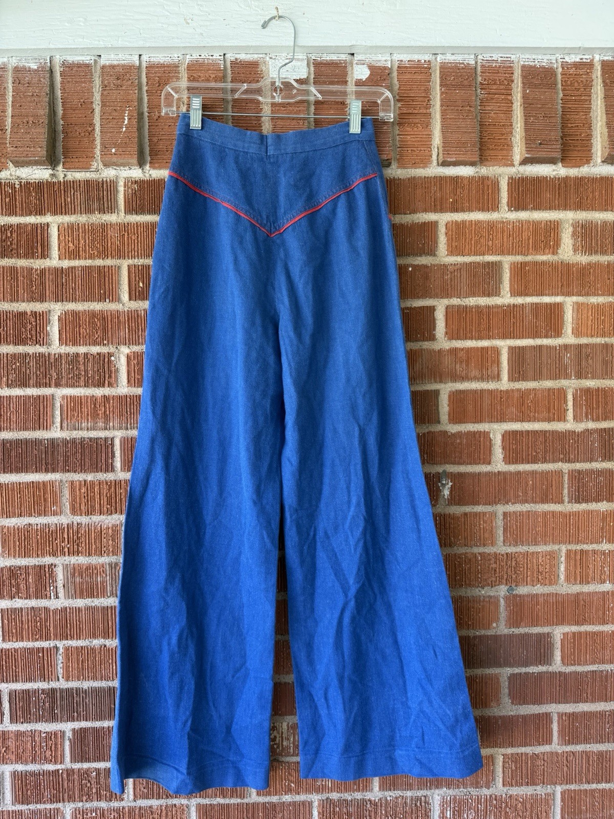 70s handmade super high rise denim flared with red trim