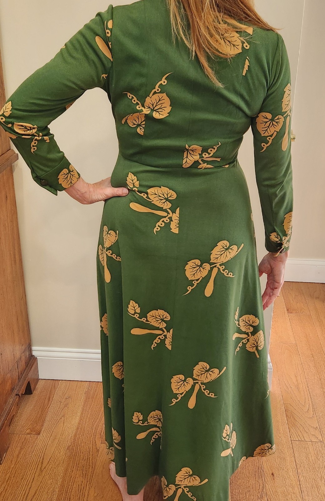 Vtg Handmade Dress Botanical Leaf Green 1970s 80’s Full Length Size 6