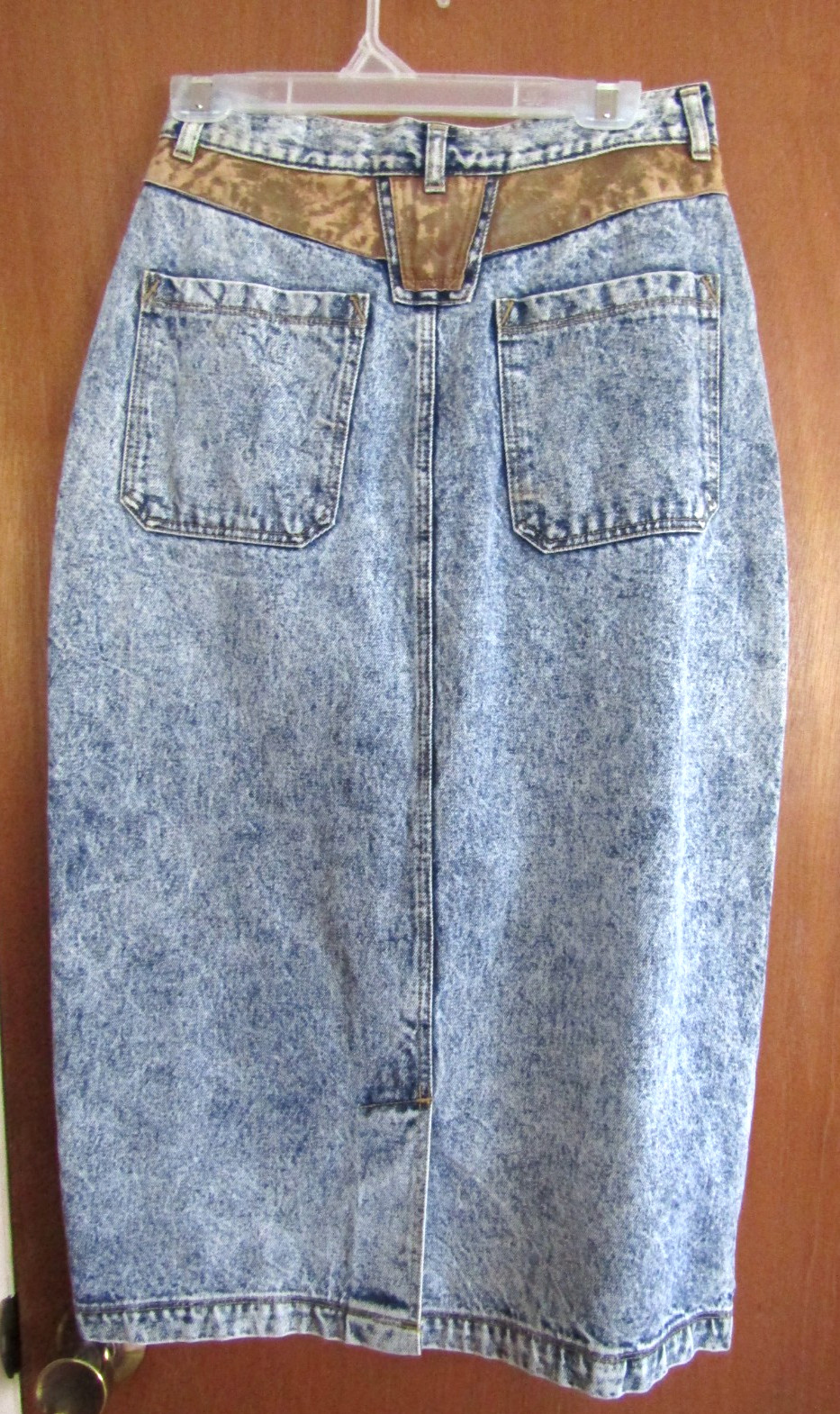 Vintage 80s Light Acid Wash Jean Midi Skirt Size 11/12 Amancio Denim Brown Trim