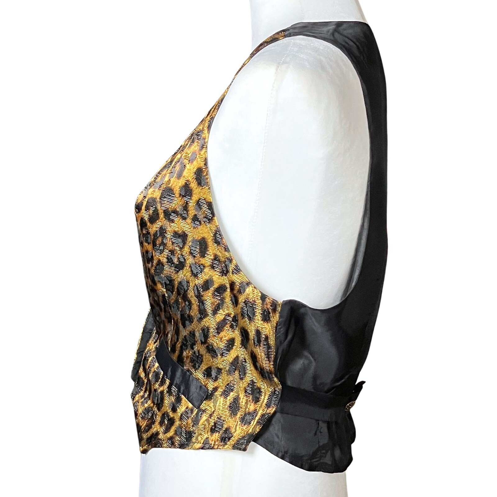 Vintage 80s Leopard Cheetah Cropped Satin Vest Brass Buttons. Retro Funky. S/M.