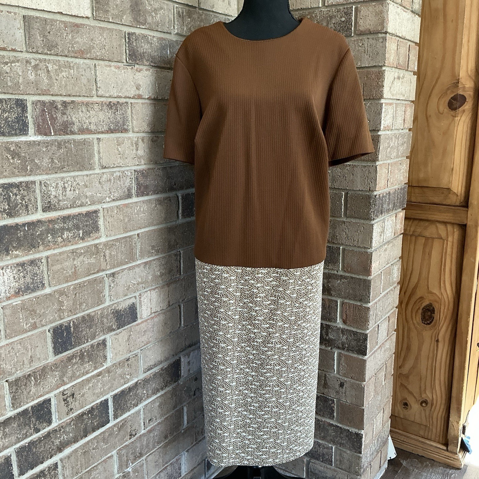 VTG Hopewell Custom Sizes Colorblock Dress Brown Tweed Shift Sz L Jonathan #31C7