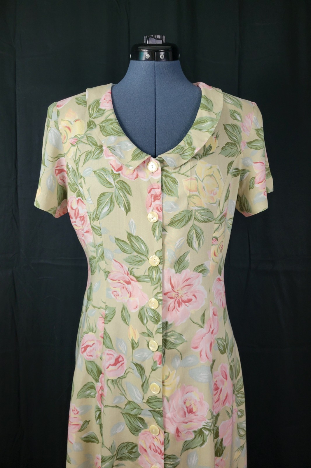 Vintage Ellen Ashley Tan Fit & Flare Button Down Dress w Pastel Florals Size 8