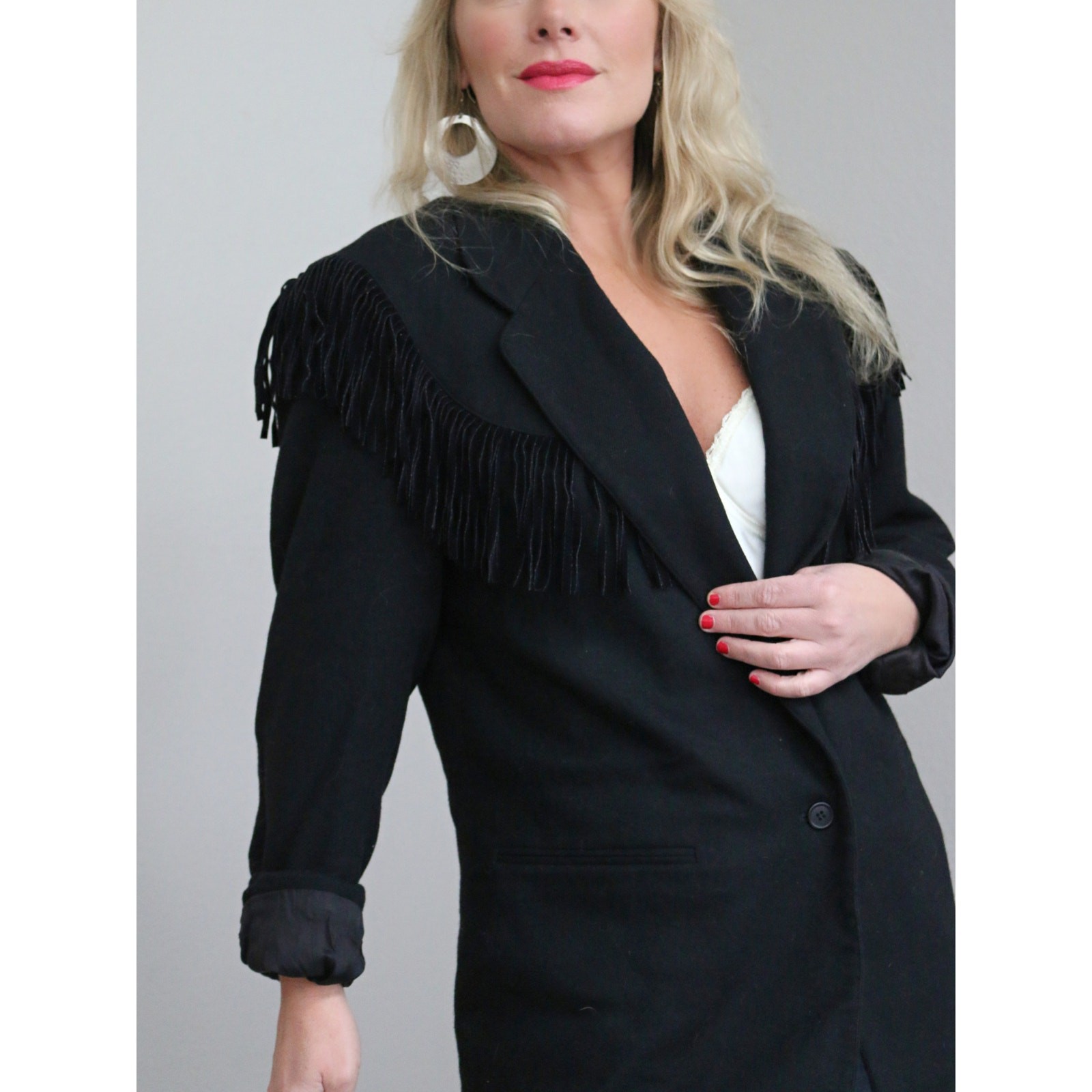 1990’s Vintage Adolfo Black Wool Fringe Blazer ~ Women’s MD LG ~ Western Jacket