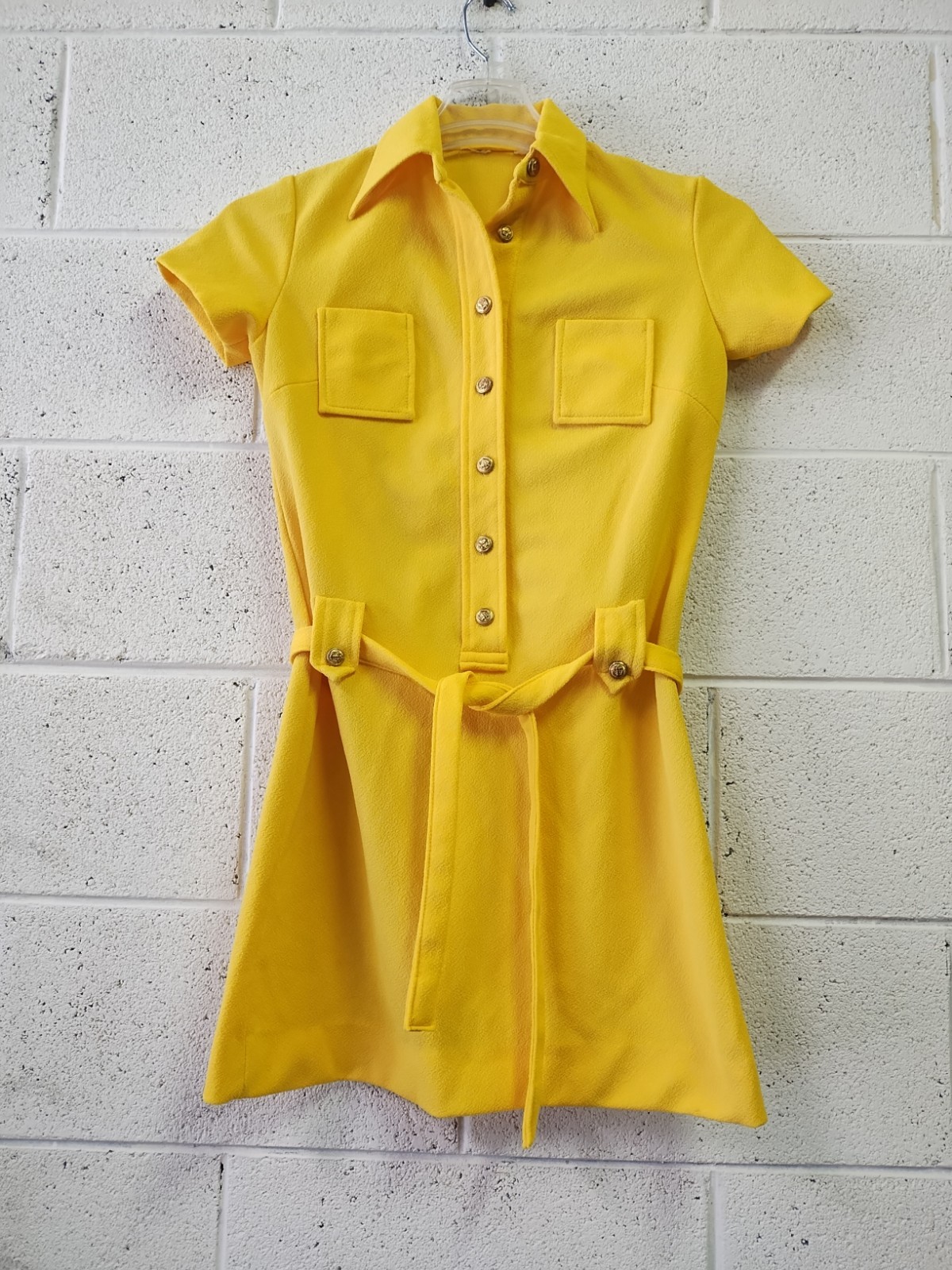 Vintage 1970’s Yellow Polyester Dress Brass Nautical Buttons Belt Pockets SM/M