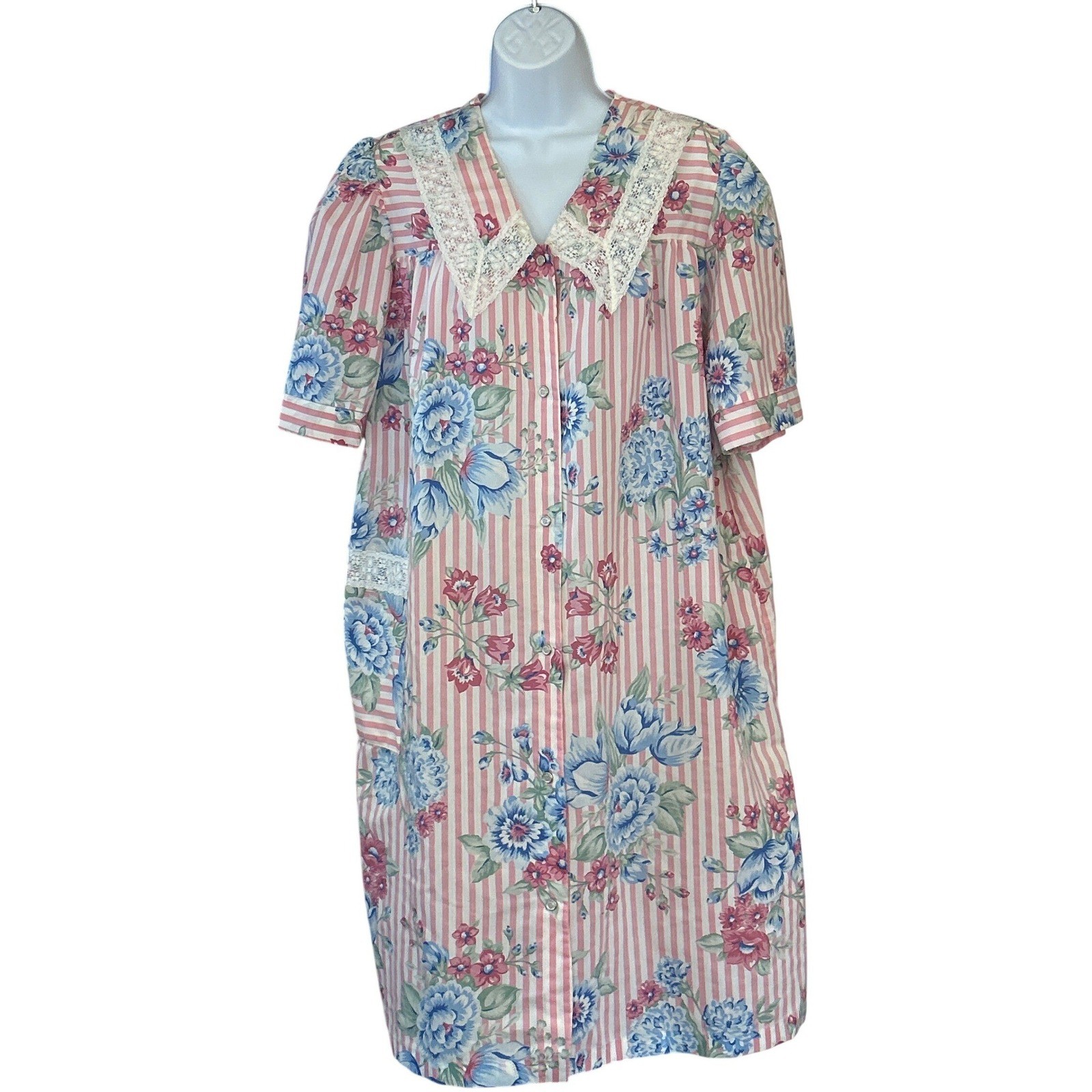 Vintage All Day Cafe Floral Stripe House Dress Grannycore Cottagecore Lace Trim