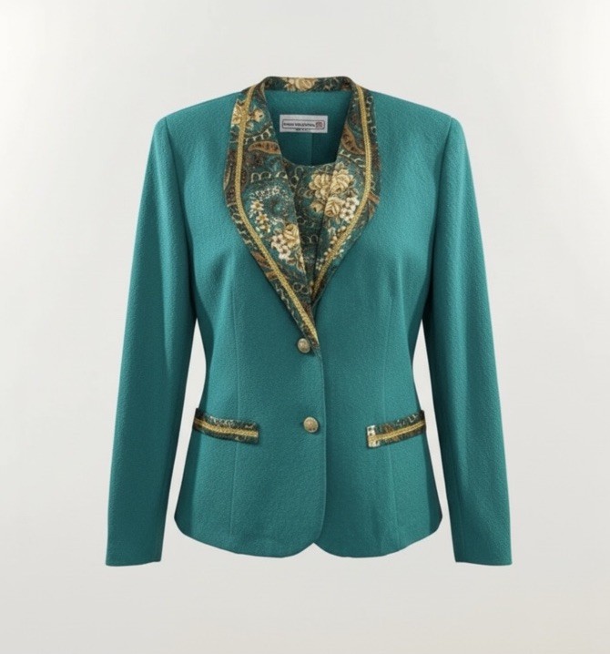 VTG Pablo Collection L Emerald Green Classic Gold Buttons Trim Blazer Grannycore