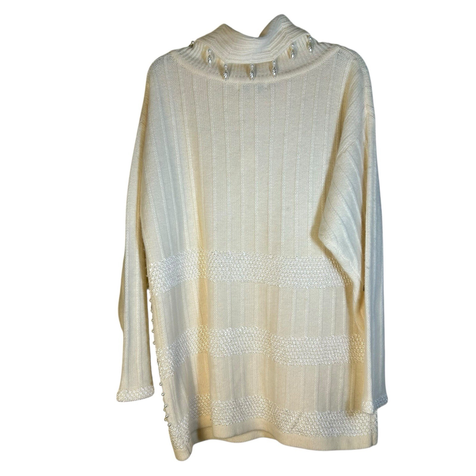 Vintage L’Eau Vive Sz M Cream Pearl Embellished Sweater Lambswool Angora Rabbit