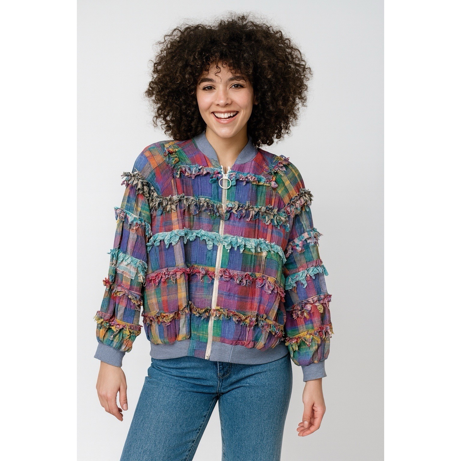 Paula Sweet Muslin Mink Full Zip Jacket Womens Large Plaid Fringe NWT Vintage
