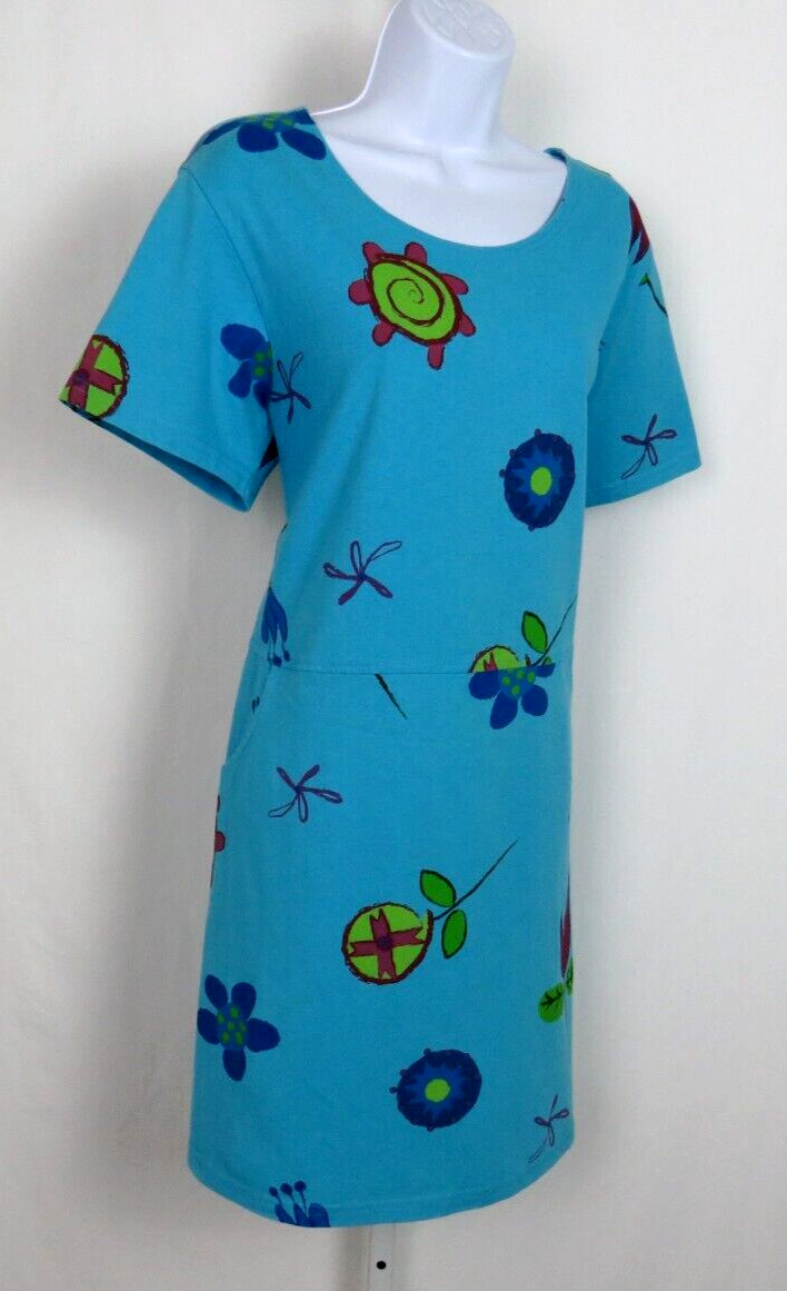 VTG 1980s 90s RED GINGER MEDIUM COTTON DRESS MOD FLOWERS ROPE BELT AQUA BLUE