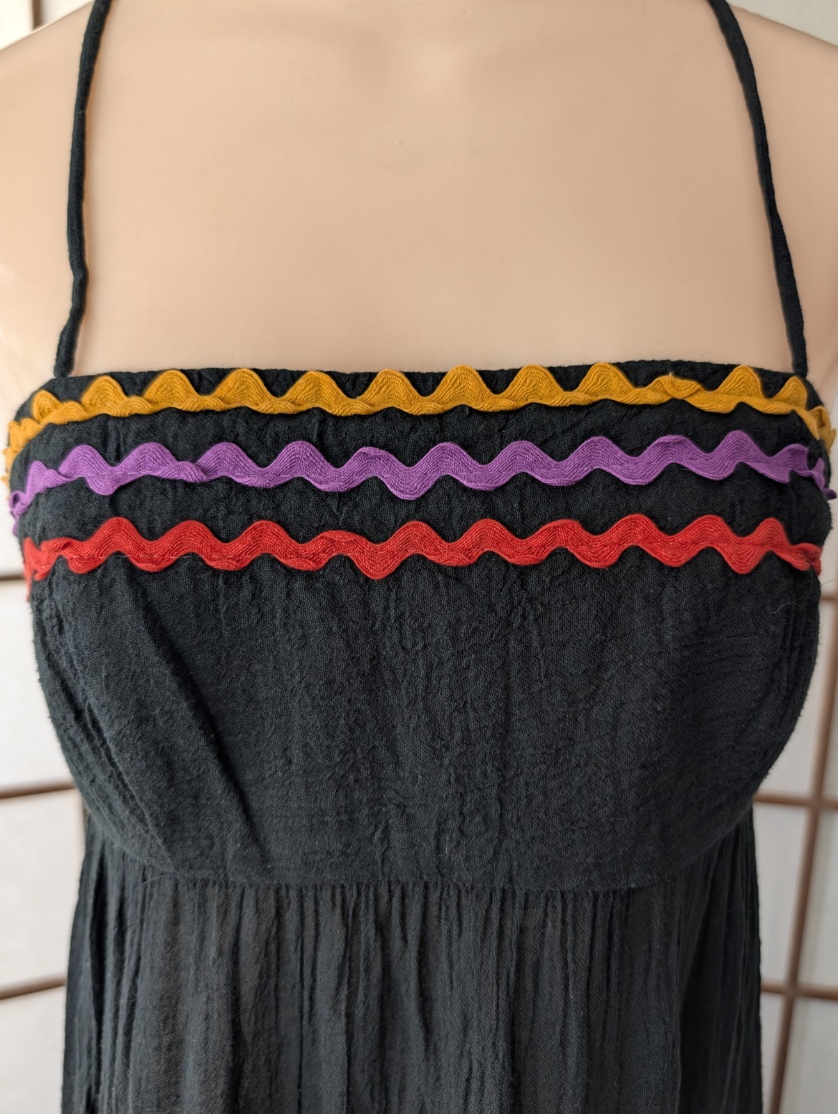 Vintage 1970s Act I New York Black Gauzy Maxi Sundress Tiered Rick-Rack Sz XXS