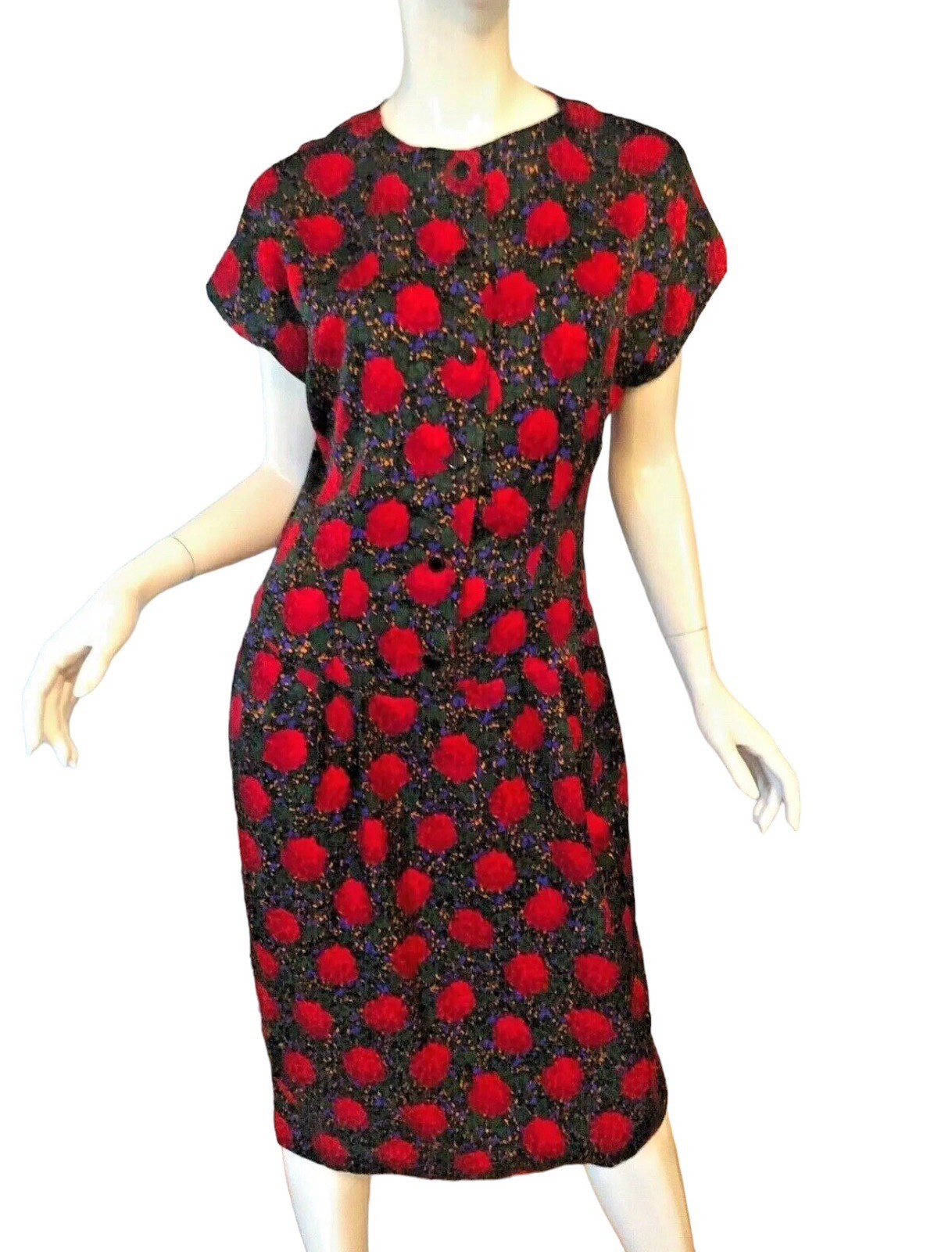 Dress M Vtg 80s Silk ART FLORAL Button Front TROPHY Sexy Secretary WEDDING GUEST